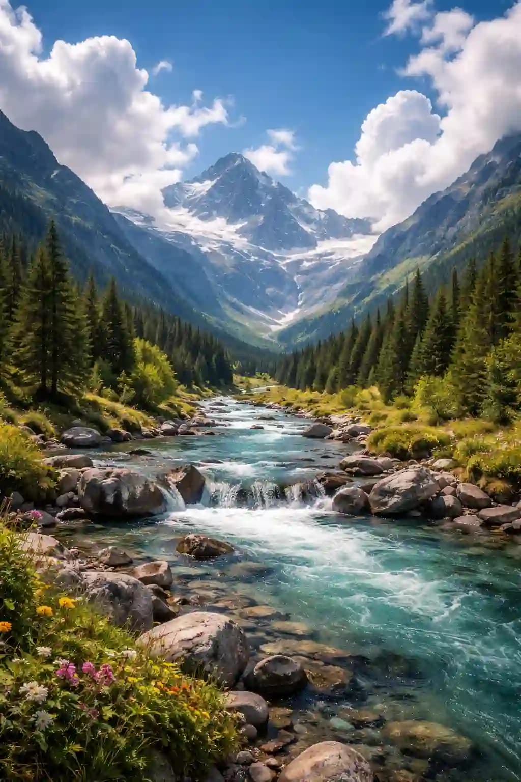 Realistic Mountain River Landscape with Clouds HD